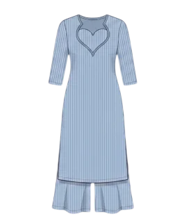 Graphic illustration of a pinstriped women's palazzo suit, featuring a tailored long straight-cut kurta with a distinctive heart-shaped cut-out neckline, three-quarter sleeves, and classic side slits, elegantly paired with matching wide-leg palazzo pants. This stylish ethnic wear design represents the expert custom suit stitching and premium doorstep ladies' tailoring services provided by Tailorboutiques.com.