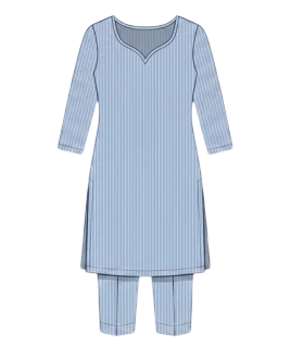 Graphic illustration of a pinstriped women's pant suit, featuring a straight-cut kurta with an elegant notched sweetheart neckline, three-quarter sleeves, and classic side slits, perfectly paired with matching tailored straight pants. This chic ethnic wear design represents the expert custom suit stitching and premium doorstep ladies' tailoring services provided by Tailorboutiques.com.
