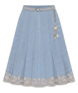 Graphic illustration of a pinstriped women's party wear lehenga skirt, featuring an ornate embroidered waistband complete with a sparkling decorative side latkan, a beautifully flared silhouette, and an intricately embroidered paisley motif border along the hemline. This stunning ethnic wear design represents the expert custom lehenga stitching and premium doorstep ladies' tailoring services provided by Tailorboutiques.com.