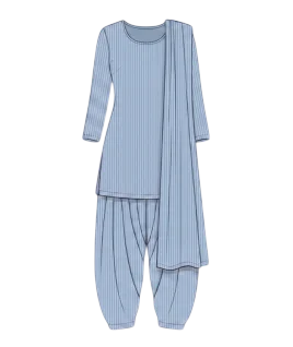 Graphic illustration of a pinstriped women's Patiala salwar suit, featuring a tailored short kurta with a classic round neckline and three-quarter sleeves, beautifully paired with voluminous, intricately pleated Patiala pants and a matching dupatta draped gracefully over the shoulder. This traditional ethnic wear design represents the expert custom suit stitching and premium doorstep ladies' tailoring services provided by Tailorboutiques.com.