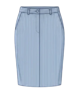 Graphic illustration of a pinstriped women's pencil skirt, featuring a sleek tailored silhouette, slanted side pockets, and a classic waistband complete with belt loops and a front button closure. This chic professional garment represents the expert custom skirt stitching and premium doorstep ladies' tailoring services provided by Tailorboutiques.com.