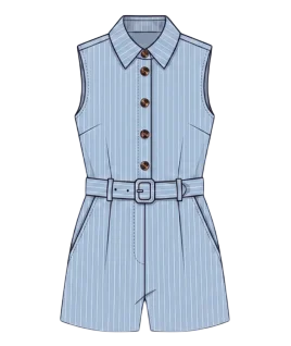 Graphic illustration of a pinstriped women's sleeveless playsuit, featuring a tailored button-down bodice with a classic pointed collar, a structured matching waist belt with a buckle, and tailored shorts with slanted side pockets. This chic modern western wear represents the expert custom playsuit stitching and premium doorstep ladies' tailoring services provided by Tailorboutiques.com.