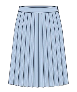 Graphic illustration of a pinstriped women's pleated skirt, featuring a defined tailored waistband and a classic flared silhouette composed of sharp, uniform knife pleats. This versatile garment represents the expert custom skirt stitching and premium doorstep ladies' tailoring services provided by Tailorboutiques.com.