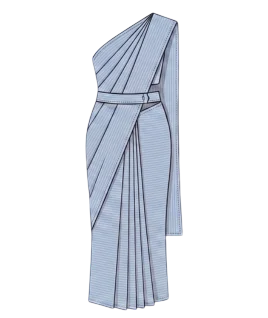 Graphic illustration of an elegant pinstriped pre-stitched ready-to-wear saree, featuring a modern one-shoulder draped design with a matching structured waist belt, neatly stitched front pleats, and a sleek attached pallu. This chic fusion ethnic wear garment represents the expert custom saree tailoring and premium doorstep ladies' stitching services provided by Tailorboutiques.com.