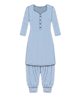Graphic illustration of a pinstriped women's salwar suit, featuring a tailored kurta with a distinctive notched sweetheart neckline and three-quarter sleeves, paired with classic pleated salwar pants featuring gathered ankle cuffs. This comfortable and traditional ethnic wear design represents the expert custom suit stitching and premium doorstep ladies' tailoring services provided by Tailorboutiques.com.