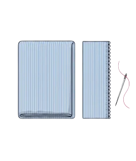 Graphic illustration showcasing saree finishing services, featuring a neatly folded pinstriped fabric alongside a detailed scalloped pico edge complete with a sewing needle and matching thread. This essential garment technique represents the expert saree fall attachment, precision pico stitching, and premium doorstep ladies' tailoring services provided by Tailorboutiques.com.