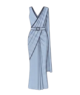 Graphic illustration of an elegant pinstriped women's saree gown, featuring a modern pre-draped silhouette with a sleeveless bodice, a structured waist belt, beautifully tailored front pleats, and a flowing attached pallu draped over the shoulder. This stunning fusion ethnic wear design represents the expert custom gown stitching and premium doorstep ladies' tailoring services provided by Tailorboutiques.com.