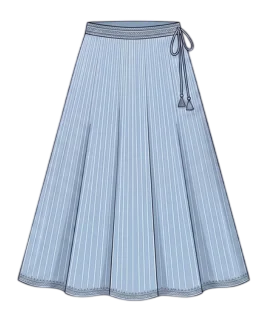Graphic illustration of a pinstriped semi-stitched lehenga skirt, featuring a beautifully flared paneled silhouette, a detailed waistband, and a traditional side tie (dori) adorned with tassels. This elegant women's ethnic wear design represents the expert custom lehenga stitching and premium doorstep ladies' tailoring services provided by Tailorboutiques.com.