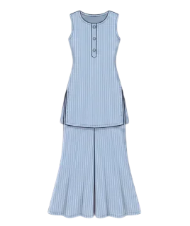 Graphic illustration of a pinstriped women's sharara suit, featuring a tailored sleeveless short kurta with a classic round neckline, a half-button placket, and side slits, elegantly paired with wide-flared sharara pants. This beautiful ethnic wear design represents the expert custom suit stitching and premium doorstep ladies' tailoring services provided by Tailorboutiques.com.