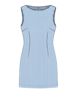 Graphic illustration of a pinstriped women's sleeveless shift dress, featuring a classic high boat neckline, tailored bust darts, and a sleek, flattering straight silhouette. This chic modern western wear represents the expert custom dress stitching and premium doorstep ladies' tailoring services provided by Tailorboutiques.com.