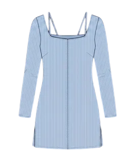 Graphic illustration of a pinstriped women's short kurti, featuring a stylish square neckline with delicate strap detailing, long sleeves, a tailored fit with a central front seam, and classic side slits. This trendy ethnic wear design represents the expert custom kurti stitching and premium doorstep ladies' tailoring services provided by Tailorboutiques.com.