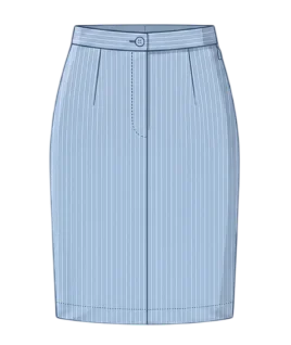 Graphic illustration of a pinstriped women's pencil skirt, featuring a tailored silhouette with structured waist darts and a classic banded waistband with a button closure. This chic professional garment represents the expert custom skirt stitching and premium doorstep ladies' tailoring services provided by Tailorboutiques.com.