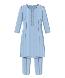 Graphic illustration of a pinstriped women's straight suit set, featuring a tailored straight-cut kurta with a classic round neckline, a stylish buttoned half-placket, and three-quarter sleeves, paired with matching tailored straight pants. This classic ethnic wear design represents the expert custom suit stitching and premium doorstep ladies' tailoring services provided by Tailorboutiques.com.