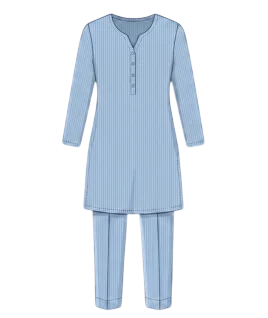 Graphic illustration of a pinstriped women's suit set, featuring a tailored straight-cut kurta with a V-neckline, short button placket, and long sleeves, perfectly paired with sleek, tailored cigarette pants. This contemporary ethnic wear design represents the expert custom suit stitching and premium doorstep ladies' tailoring services provided by Tailorboutiques.com.