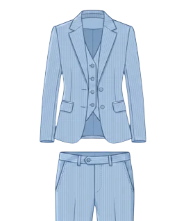 Graphic illustration of a pinstriped women's three-piece suit, featuring a tailored single-breasted jacket with classic notch lapels and flap pockets, a matching V-neck button-down waistcoat, and sleek flat-front trousers. This powerful and chic professional ensemble represents the expert custom suit stitching and premium doorstep ladies' tailoring services provided by Tailorboutiques.com.