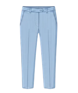 Graphic illustration of pinstriped women's cigarette pants, featuring a sleek, tailored flat-front design, slanted side pockets, and a classic waistband with belt loops and an extended button closure. This versatile professional garment represents the expert custom trouser stitching and premium doorstep ladies' tailoring services provided by Tailorboutiques.com.