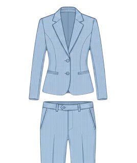 Graphic illustration of a pinstriped women's two-piece suit, featuring a tailored single-breasted jacket with classic notch lapels, a two-button closure, and sleek jetted pockets, paired with matching flat-front trousers. This chic professional ensemble represents the expert custom suit stitching and premium doorstep ladies' tailoring services provided by Tailorboutiques.com.