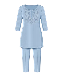 Graphic illustration of a velvet women's suit set, featuring a tailored straight-cut kurta with three-quarter sleeves and intricate ornate embroidery detailing around a classic round neckline, paired with matching tailored straight pants. This elegant ethnic wear design represents the expert custom suit stitching and premium doorstep ladies' tailoring services provided by Tailorboutiques.com.