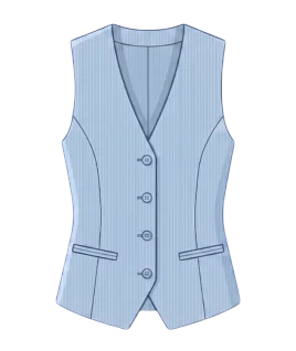 Graphic illustration of a pinstriped waistcoat, featuring a tailored deep V-neckline, a four-button front closure, and dual welt pockets at the waist. This stylish formalwear layer represents the expert custom stitching and premium bespoke tailoring services provided by Tailorboutiques.com.