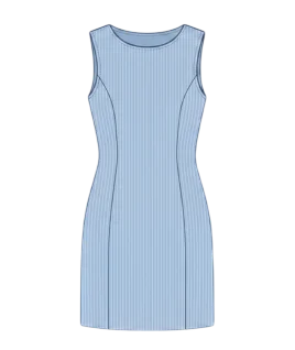 Graphic illustration of a pinstriped sleeveless western dress, featuring a classic round neckline, a sleek tailored sheath silhouette, and structured princess seams for a flawless fit. This chic modern garment represents the expert custom dress stitching and premium doorstep ladies' tailoring services provided by Tailorboutiques.com.