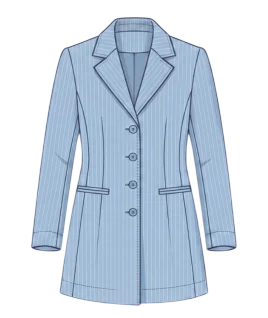 Graphic illustration of a pinstriped women's wool coat, featuring a tailored mid-length silhouette, classic notch lapels, a four-button single-breasted front closure, and sleek welt pockets at the waist. This sophisticated winter outerwear design represents the expert custom coat stitching and premium doorstep ladies' tailoring services provided by Tailorboutiques.com.