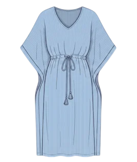 Graphic illustration of a vibrant pinstriped women's kaftan nightdress, featuring a comfortable V-neckline, a relaxed flowing silhouette with wide draped sleeves, and an adjustable cinched waist complete with a tasseled drawstring tie. This cozy loungewear design represents the expert custom nightwear stitching and premium doorstep ladies' tailoring services provided by Tailorboutiques.com.