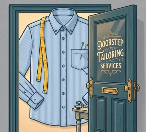 Creative illustration promoting 'Doorstep Tailoring Services' featuring an open front door that reveals a large light blue pinstriped dress shirt draped with a yellow measuring tape. The artwork includes classic tailor tools like pins and scissors, perfectly representing the convenient, at-home custom clothing and bespoke stitching services provided by Tailorboutiques.com.