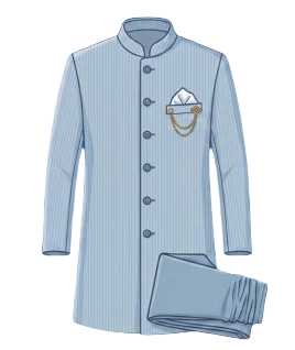 Graphic illustration of a classic light blue pinstriped men's Achkan, featuring a tailored mandarin collar, full button placket, and a stylized pocket square with a decorative golden chain brooch, paired with matching folded trousers. This elegant traditional wear design represents the premium custom menswear stitching and bespoke ethnic tailoring services offered by Tailorboutiques.com.