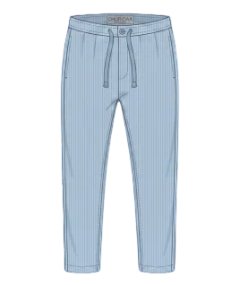 Graphic illustration of a classic light blue pinstriped Aligarhi pajama for men, featuring a comfortable drawstring waistband and a tailored straight-leg fit. This traditional menswear design represents the expert custom ethnic wear stitching and premium gents tailoring services provided by Tailorboutiques.com.