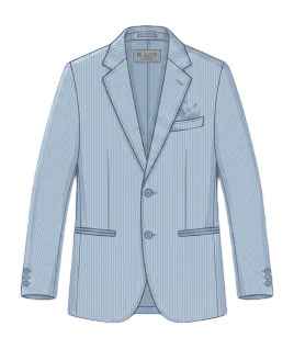 Graphic illustration of a classic light blue pinstriped men's blazer, featuring a tailored two-button front, sharp notch lapel, single chest pocket with a pocket square, and structured jetted waist pockets. This sophisticated garment showcase represents the premium gents' tailoring and custom suit jacket stitching services offered by Tailorboutiques.com.