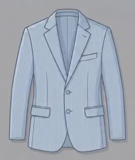 Graphic illustration of a classic light blue pinstriped men's blazer, featuring a tailored two-button front, sharp notch lapel, single chest pocket with a pocket square, and structured jetted waist pockets. This sophisticated garment showcase represents the premium gents' tailoring and custom suit jacket stitching services offered by Tailorboutiques.com.