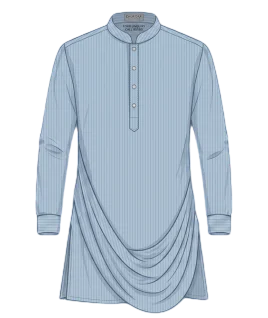 Graphic illustration of a modern light blue pinstriped men's cowl kurta, featuring a classic mandarin collar, half button placket, and unique draped fabric detailing at the hem. This contemporary ethnic wear design represents the expert custom menswear stitching and premium gents tailoring services provided by Tailorboutiques.com.