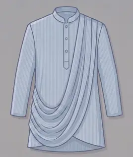 Graphic illustration of a modern light blue pinstriped men's cowl kurta, featuring a classic mandarin collar, half button placket, and unique draped fabric detailing at the hem. This contemporary ethnic wear design represents the expert custom menswear stitching and premium gents tailoring services provided by Tailorboutiques.com.