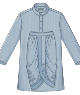 Graphic illustration of a traditional light blue pinstriped men's dhoti kurta set, featuring a classic mandarin collar kurta with a half-button placket, paired with elegantly draped dhoti pants showcasing intricate floral and peacock motifs near the hem. This exquisite ethnic wear design represents the premium custom menswear stitching and bespoke tailoring services provided by Tailorboutiques.com.