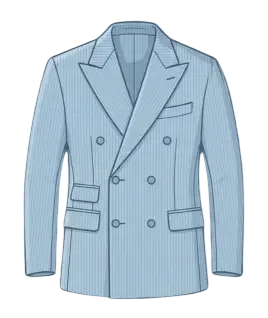 Graphic illustration of a classic light blue pinstriped men's double-breasted jacket, featuring sharp peak lapels, a traditional six-button overlapping front closure, a welt chest pocket, and flap waist pockets including a classic ticket pocket. This sophisticated menswear design represents the expert custom stitching and premium gents' bespoke tailoring services provided by Tailorboutiques.com.