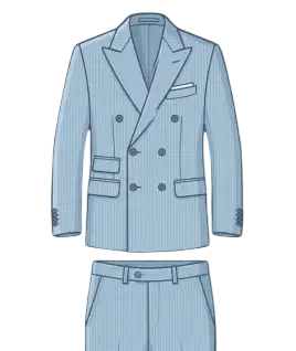 Graphic illustration of a classic light blue pinstriped men's double-breasted suit, featuring a tailored jacket with sharp peak lapels, a six-button overlapping front closure, a pocket square, and flap waist pockets with a ticket pocket, paired with matching flat-front trousers. This sophisticated formalwear design represents the expert custom menswear stitching and premium gents' bespoke tailoring services provided by Tailorboutiques.com.