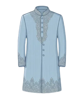 Graphic illustration of a traditional light blue men's Sherwani, featuring a classic mandarin collar, full button front, and intricate ornate embroidery detailing along the neckline, cuffs, and hemline. This elegant ethnic wear design represents the expert custom menswear stitching and premium bespoke groom tailoring services provided by Tailorboutiques.com.