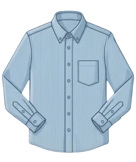 Graphic illustration of a classic light blue pinstriped men's formal dress shirt, featuring a crisp button-down collar, full front button placket, and a single left chest pocket. This classic menswear essential represents the expert custom shirt stitching and premium gents' bespoke tailoring services provided by Tailorboutiques.com.