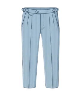 Graphic illustration of classic light blue pinstriped men's formal trousers, featuring a tailored pleated front, side pockets, and a structured waistband with elegant side adjusters. This essential menswear garment represents the expert custom pant stitching and premium gents' bespoke tailoring services provided by Tailorboutiques.com.