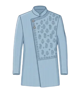 Graphic illustration of a modern light blue men's Indo-Western sherwani, featuring a distinctive asymmetric overlapping front panel adorned with intricate paisley motifs and a classic mandarin collar. This contemporary ethnic wear design represents the premium custom menswear stitching and bespoke tailoring services provided by Tailorboutiques.com.