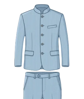 Graphic illustration of a classic light blue pinstriped men's Jodhpuri Bandhgala suit, featuring a tailored mandarin collar, full five-button front closure, chest pocket, and flap pockets, paired with matching dress trousers. This sophisticated traditional wear design represents the premium custom menswear stitching and bespoke gents tailoring services provided by Tailorboutiques.com.