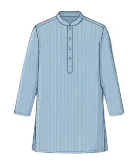 Graphic illustration of a classic light blue pinstriped men's kurta, featuring a traditional mandarin collar, a neat half-button front placket, and a comfortable straight cut with side slits. This elegant ethnic wear design represents the expert custom menswear stitching and premium gents' bespoke tailoring services provided by Tailorboutiques.com.