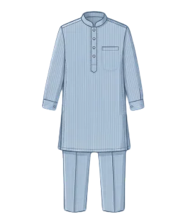 Graphic illustration of a classic light blue pinstriped men's kurta pajama set, featuring a tailored kurta with a traditional mandarin collar, half-button placket, and a single chest pocket, paired with matching straight-cut trousers. This essential ethnic wear design represents the expert custom menswear stitching and premium gents' bespoke tailoring services provided by Tailorboutiques.com.