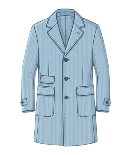 Graphic illustration of a classic light blue pinstriped men's long overcoat, featuring a tailored notch lapel, a three-button front closure, prominent flap waist pockets, and stylish buttoned cuff straps. This sophisticated outerwear design represents the premium custom menswear stitching and bespoke winter coat tailoring services provided by Tailorboutiques.com.