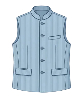 Graphic illustration of a classic light blue pinstriped men's Nehru jacket, featuring a tailored mandarin collar, a five-button front closure, a single chest welt pocket, and dual flap waist pockets. This versatile sleeveless ethnic vest represents the expert custom menswear stitching and premium gents' bespoke tailoring services provided by Tailorboutiques.com.