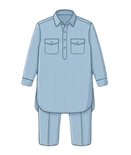 Graphic illustration of a classic light blue pinstriped men's Pathani suit, featuring a traditional shirt collar, half-button placket, dual buttoned flap chest pockets, and a signature rounded hemline, paired with matching trousers. This iconic ethnic wear design represents the expert custom menswear stitching and premium gents' bespoke tailoring services provided by Tailorboutiques.com.