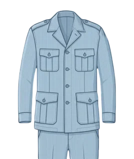 Graphic illustration of a classic light blue pinstriped men's safari suit, featuring a tailored lapel collar, shoulder epaulets, a full button-down front, and four distinctive pleated patch pockets with buttoned flaps, paired with matching trousers. This functional and stylish menswear design represents the expert custom stitching and premium gents' bespoke tailoring services provided by Tailorboutiques.com.