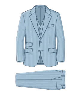 Graphic illustration of a classic light blue pinstriped men's three-piece suit, featuring a tailored two-button jacket with a notch lapel and pocket square, a matching buttoned waistcoat, and folded flat-front dress trousers. This image represents the premium bespoke menswear and custom suit tailoring services offered by Tailorboutiques.com.