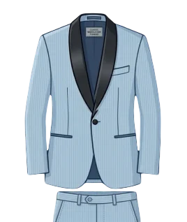 Graphic illustration of a sophisticated light blue pinstriped men's tuxedo suit, featuring a striking contrasting black satin shawl lapel, a single-button closure, and black-piped jetted pockets, paired with matching formal trousers. This elegant evening wear design represents the expert custom menswear stitching and premium gents' bespoke tailoring services provided by Tailorboutiques.com.
