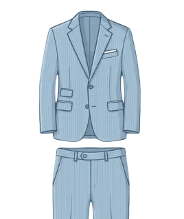 Graphic illustration of a classic light blue pinstriped men's two-piece suit, featuring a tailored two-button jacket with a classic notch lapel, pocket square, and matching flat-front dress trousers. This image represents the premium bespoke menswear and custom suit tailoring services offered by Tailorboutiques.com.